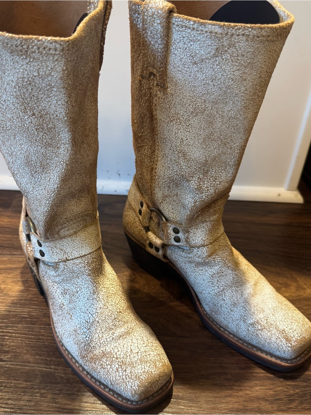 FRYE Harness 12R Moto Biker Motorcycle Crackle White Leather Boots W Sz 7.5 USA